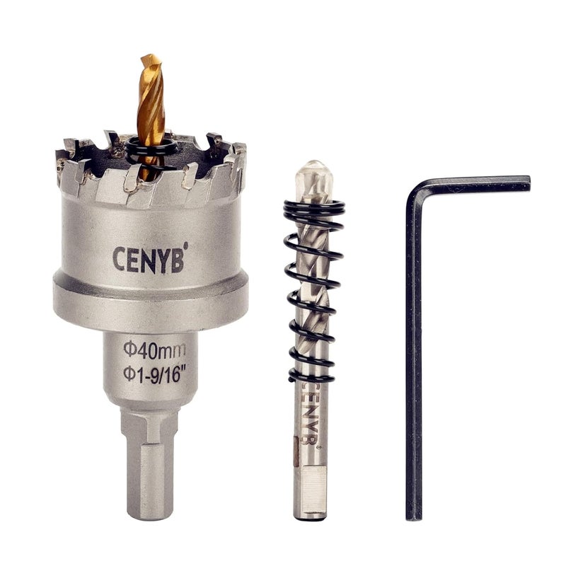 cenyb 1-9/16" (40mm) Tungsten Carbide Tipped Hole Saw with 2Pcs Titanium-Plated Pilot Drill Bits for Hard Metal,Stainless Steel,Iron,Aluminum Alloy,Wood and Plastic - Image 1